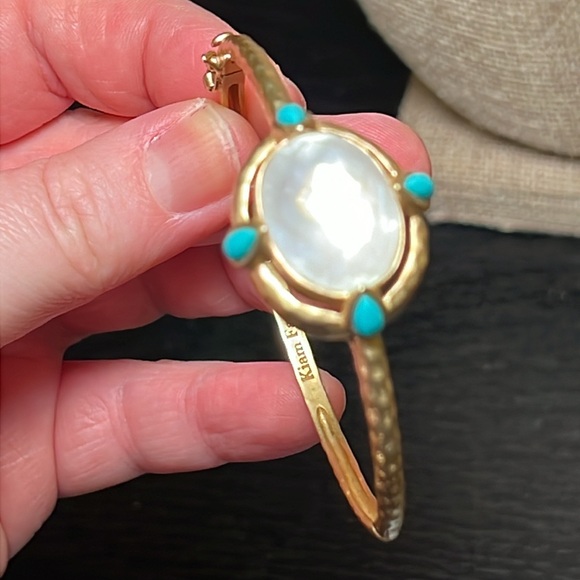 Kiam Family hammered gold tone faux turquoise MOP flash hinged bracelet - Picture 2 of 9